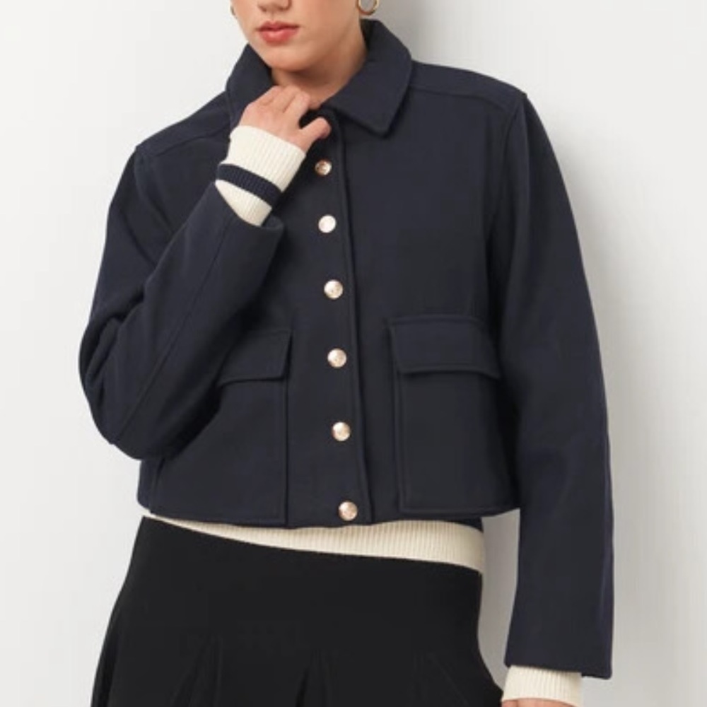 ZARA soft cropped navy gold button military style jacket blazer NWOT - Picture 2 of 9
